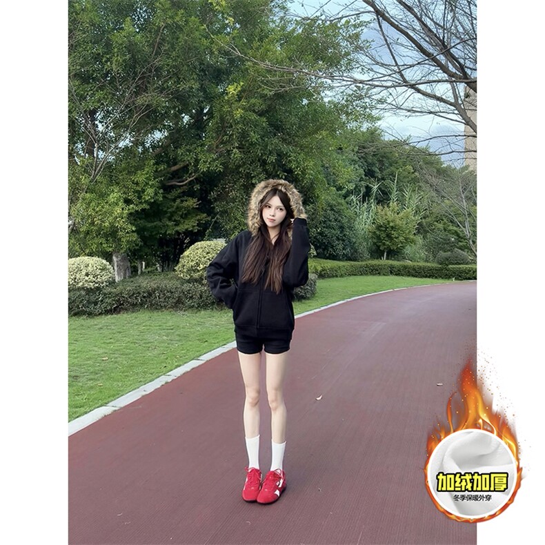 480G重磅加绒硬挺boxy秋冬美式高街超大毛领座山雕连帽卫衣厚外套，女装短外套，电商A486