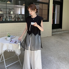 2025夏季新款时尚套装女网纱拼接无袖背心上衣高腰阔腿裤两件套潮，女装套装/套裙，浙宝069