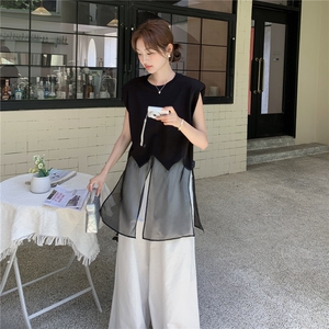 2025夏季新款时尚套装女网纱拼接无袖背心上衣高腰阔腿裤两件套潮图片