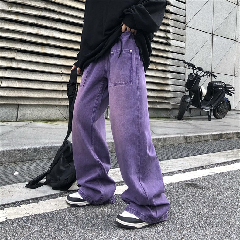 紫色牛仔裤男韩版潮流高街帅2022秋夏新款ins宽松休闲裤K2196-P48图片