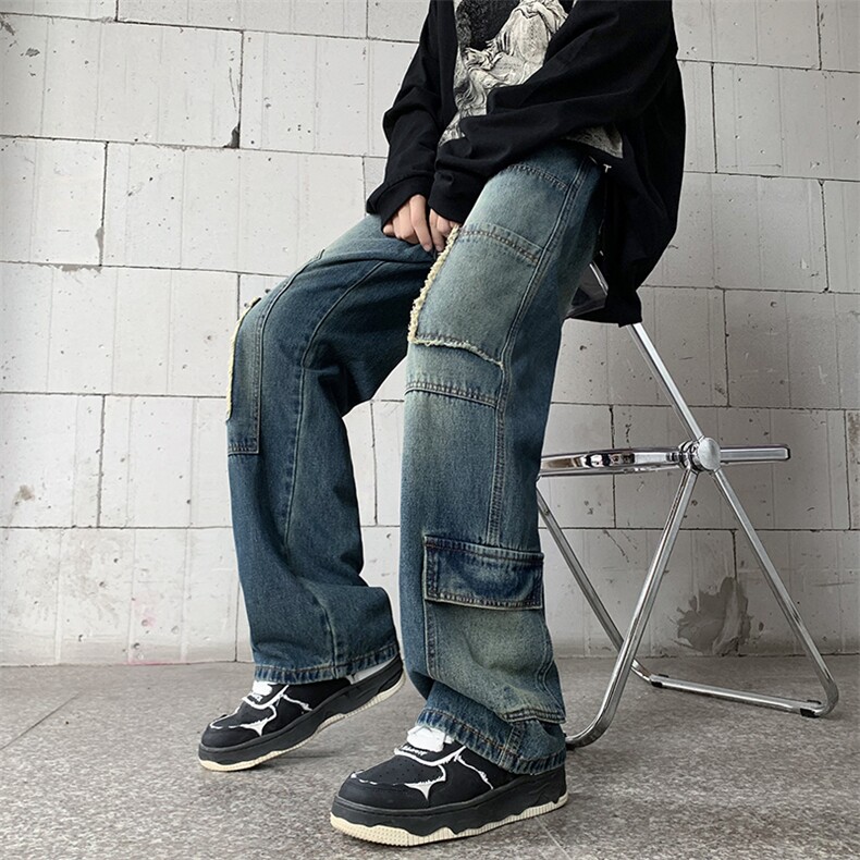 复古水洗多口袋直筒牛仔裤男春秋设计感潮宽松阔腿裤子N00603-P48图片