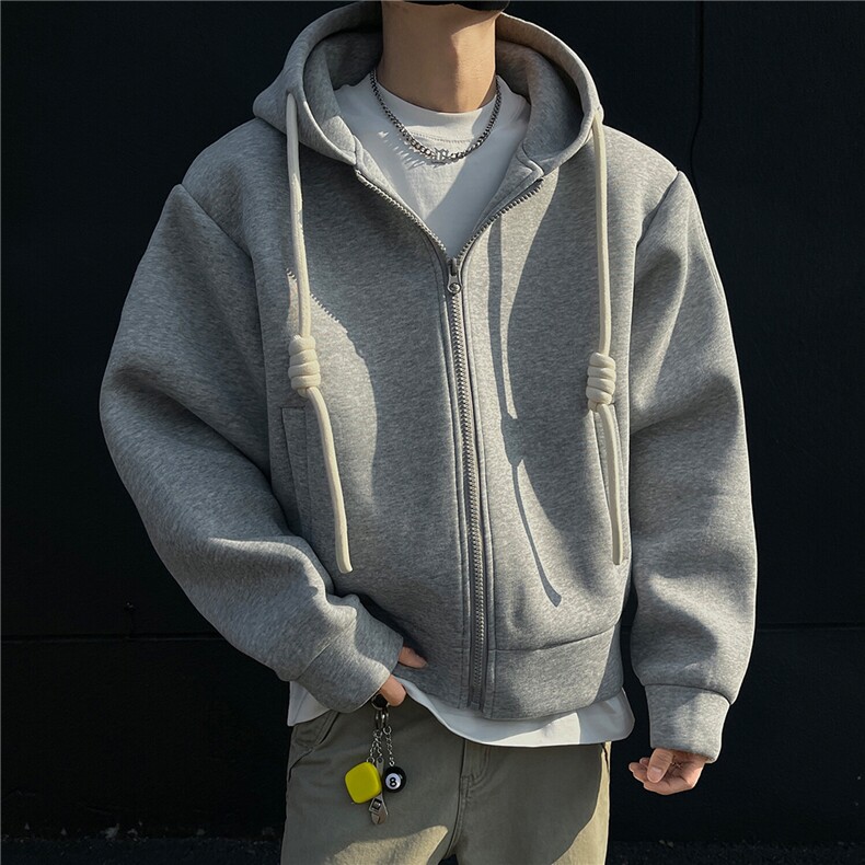 重磅500克手工编绳纯色连帽开衫卫衣cleanfin外套男H1053特P80,男装卫衣,电商A341