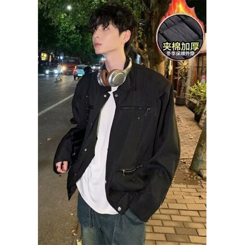 外套男潮高级感秋冬季痞帅穿搭美式复古黑色垫肩棉服J3369,男装棉衣,星座1116A（原606A-3）