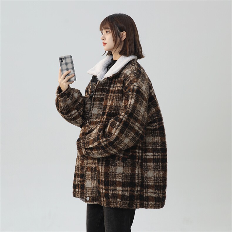 毛呢秋冬格子大衣翻领羊羔绒加绒加厚棉服宽松外套A170-M808-TP95,男装棉衣,电商A170