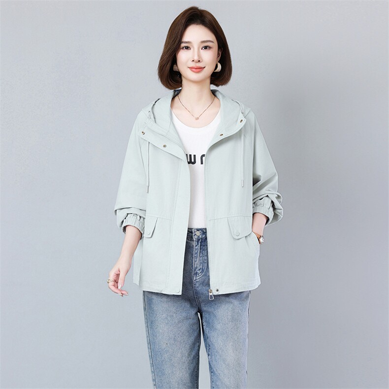 26年春新款纯棉风衣外套长袖连帽日韩休闲纯色宽松休闲百搭风2609，女装风衣，秋牧寒烟