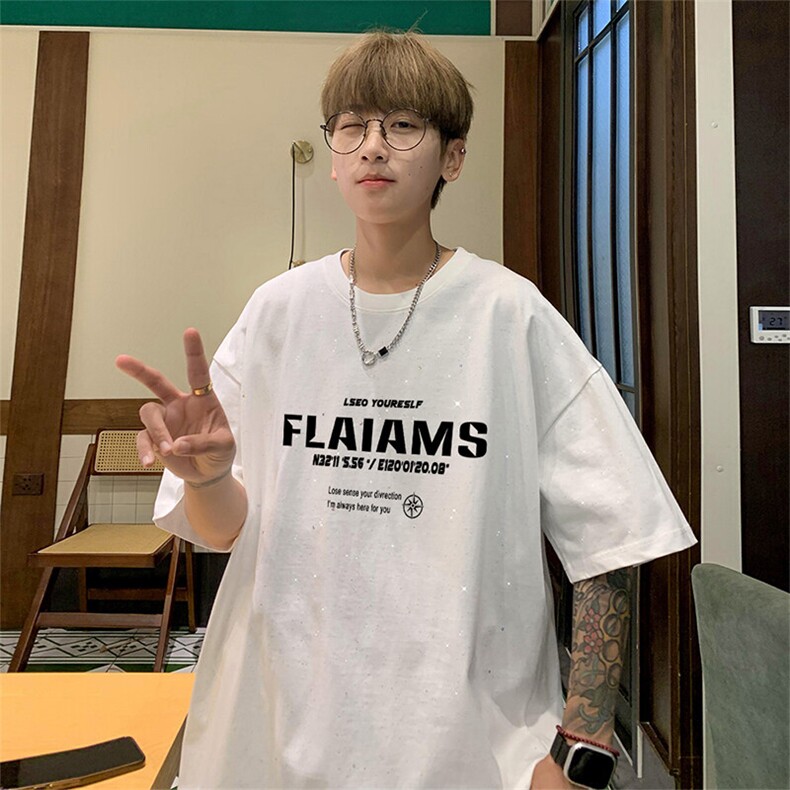 可48小时发货支持抖音得物来样二开美式满天星亮片短袖T恤MTX686,男装T恤,电商A486