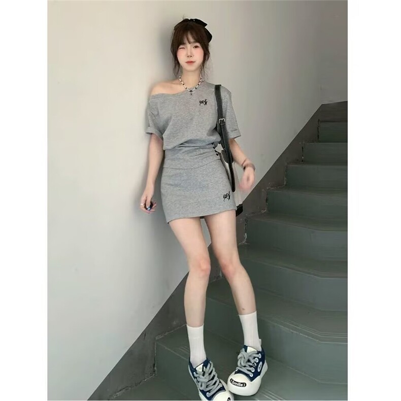 高端定制院风短款斜领露肩灰色短袖T恤女夏季新款高腰显瘦短裙套图片