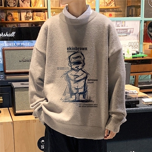 1港风长袖印花毛线毛衣男宽松休闲套头针织衫MY7463P48加绒P65图片
