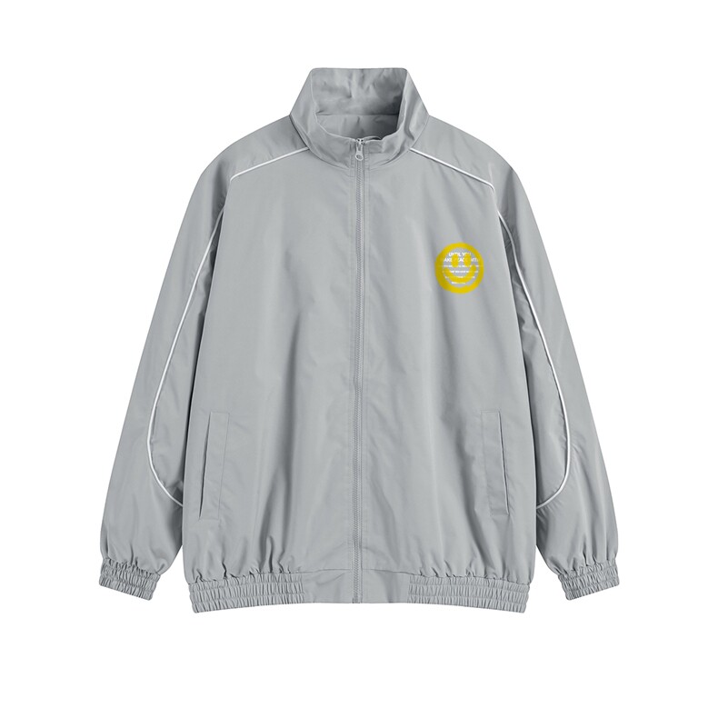 白底新款秋季时尚防水百搭宽松笑脸印花潮流夹克卫衣F348P65控88，男装夹克，电商A247-1