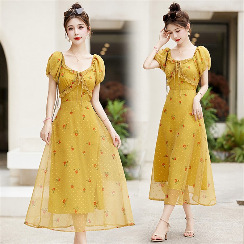 优雅显瘦碎花连衣裙甜美气质修身长裙夏季新款女装，女装连衣裙，布芭啦