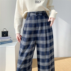 2024秋季新复古慵懒风咖啡格子裤女韩版高腰显瘦垂感阔腿裤潮，女装休闲裤，梦白服饰厂