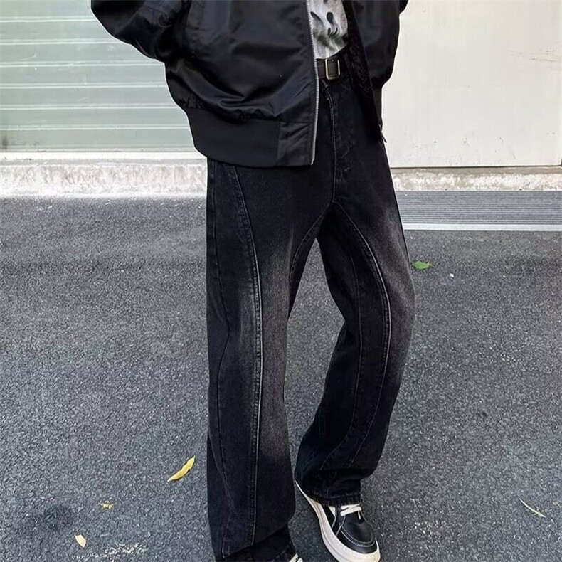 拼接复古高街牛仔裤男夏季美式痞帅高级感裤子高个子弯刀微喇裤潮,男装牛仔裤,星座218-1（原230）