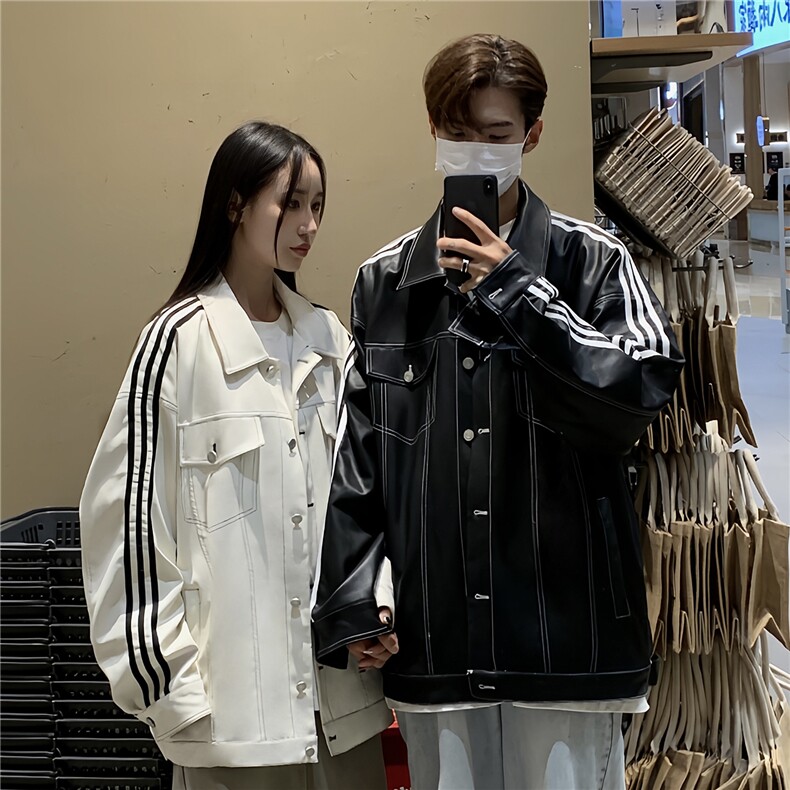 港风秋装美式织带夹克复古情侣PU皮衣休闲工装外套男G1067P108,男装夹克,电商A339