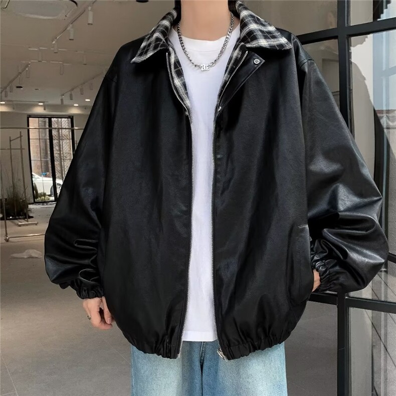 双面穿皮衣男韩版潮流美式格子帅气2023冬季新款ins外套W5448-P75,男装皮衣,星座412-3