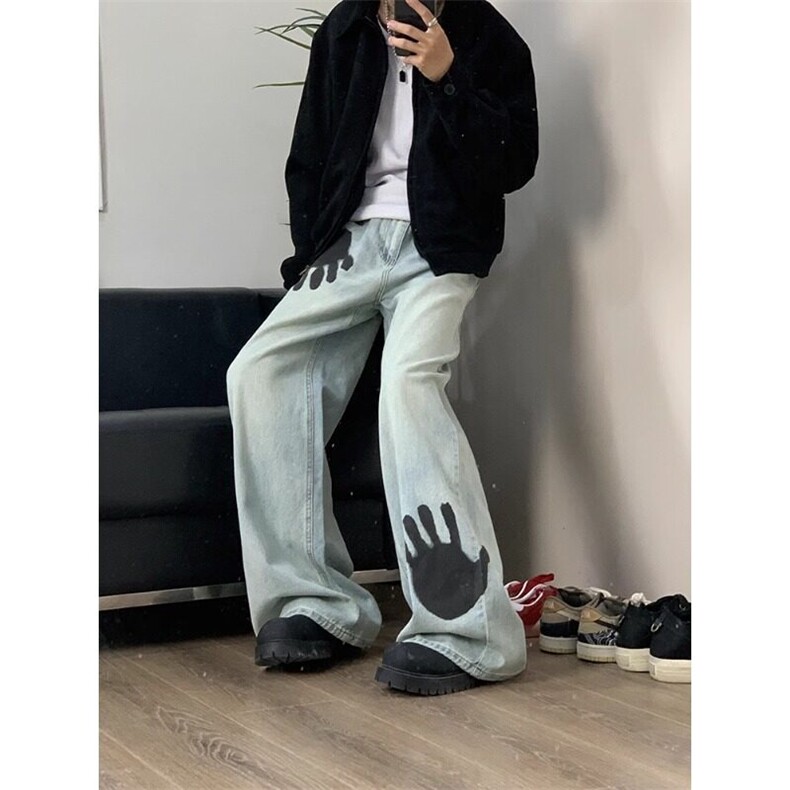 明星同款~手掌印花牛仔裤众高级感直筒裤子NZ553特P50,男装牛仔裤,星座908-1