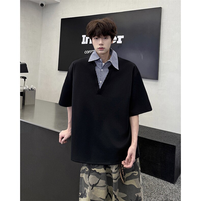 M-8XL假两件衬衫领短袖T恤大码格子拼接翻领半袖POLO衫DX1213/P48图片