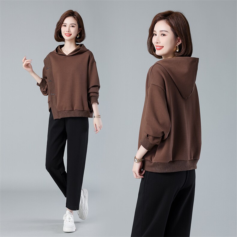 现货2023秋季新款设计感不规则连帽休闲大码卫衣套装，女装套装/套裙，深水步