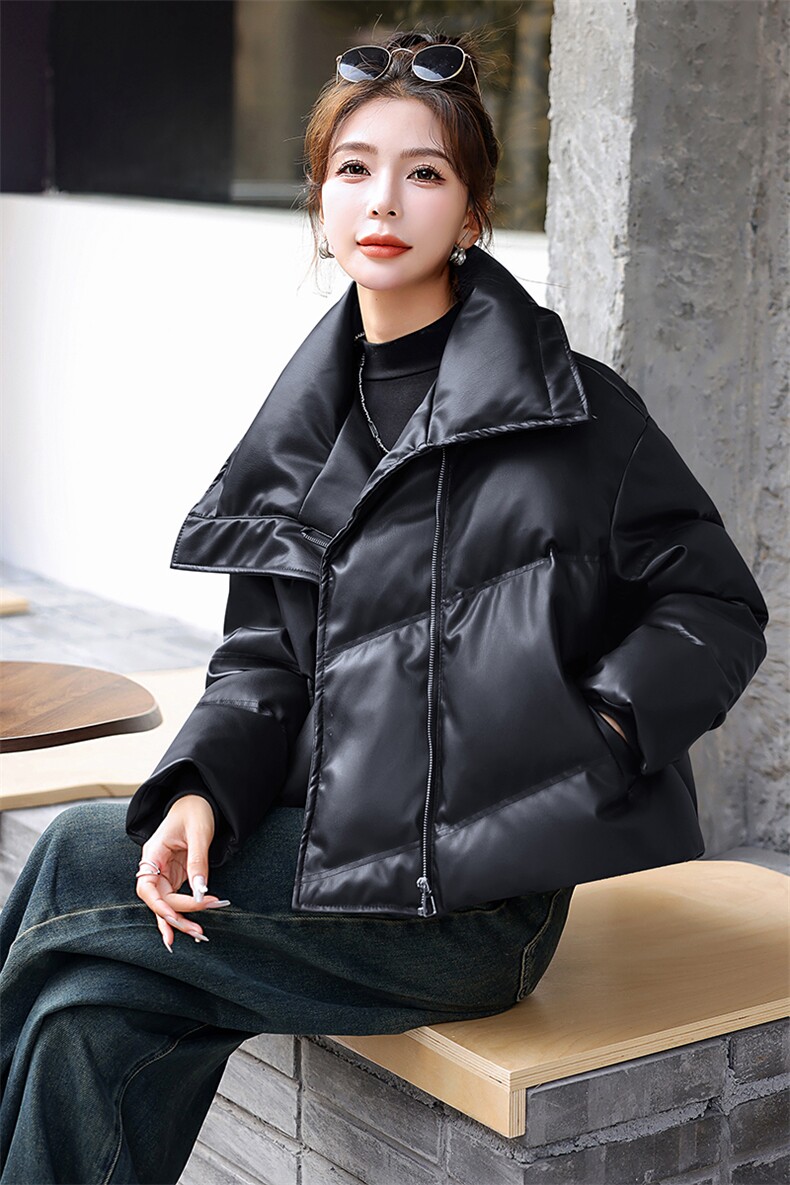 美拉德蛋白皮PU皮衣羽绒服女冬季2025年新款韩版短款小个子设计感,女装羽绒服,意芙