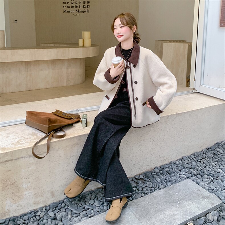 小个子皮毛一体外套女2024冬羊羔毛撞色翻领拼接洋气加厚短款棉服,女装羊羔毛/颗粒绒,浙宝192（原082）