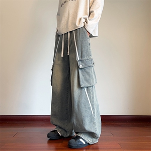 织带条纹工装牛仔裤男春季美式复古阔腿裤子-A2187TP55控98图片