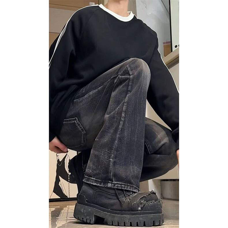 春夏季美式ins高街hiphop闪电纹水洗直筒牛仔裤货号K2593P55图片