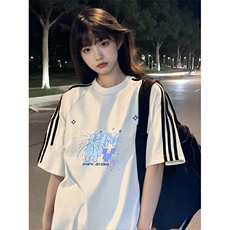抖音得物高品质二开240克宽松纯棉美式潮牌三条杠织带短袖T恤，男装T恤，电商A486-1