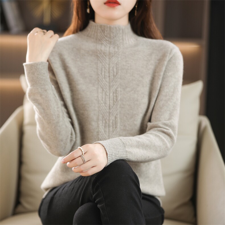 时尚百搭女士羊毛衫麻花纹小立领设计羊毛保暖舒适,女装羊毛衫,鑫源羊绒