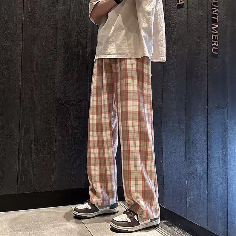 格子休闲裤男美式ins小众拼色高级感宽松直筒裤港风潮流百搭长裤,男装休闲裤,星座410-6（原星座1304-1）