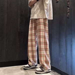 格子休闲裤男美式ins小众拼色高级感宽松直筒裤港风潮流百搭长裤图片