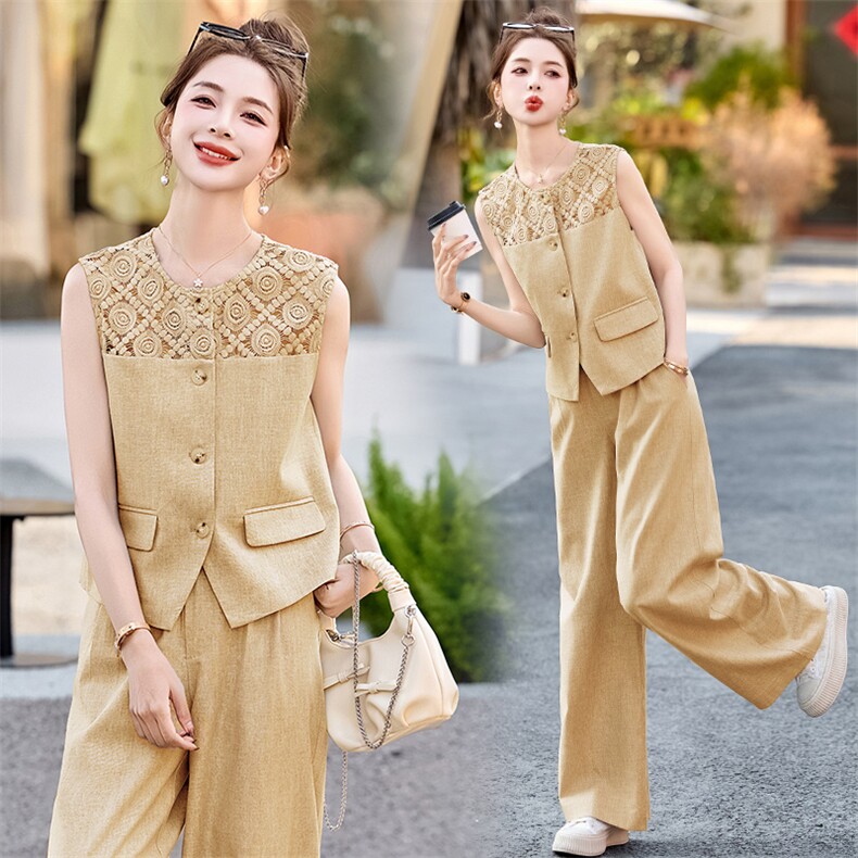 镂空绣花马甲阔腿裤套装女2026春夏新款气质无袖西装阔腿裤两件套，女装套装/套裙，美沁