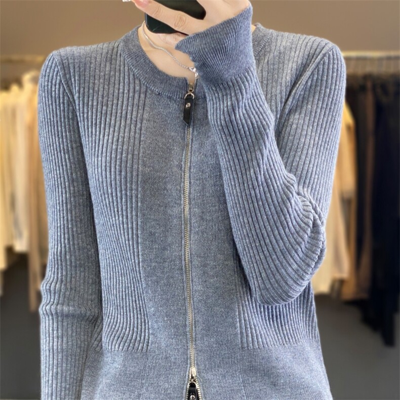 洋气双拉链短款针织开衫女小个子毛衣外套春秋圆领羊毛上衣,针织衫/毛衣,雪真羊绒