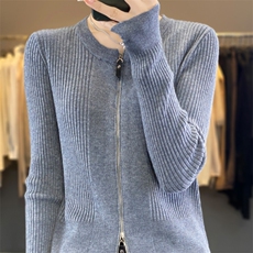洋气双拉链短款针织开衫女小个子毛衣外套春秋圆领羊毛上衣，女装针织衫/毛衣，雪真羊绒