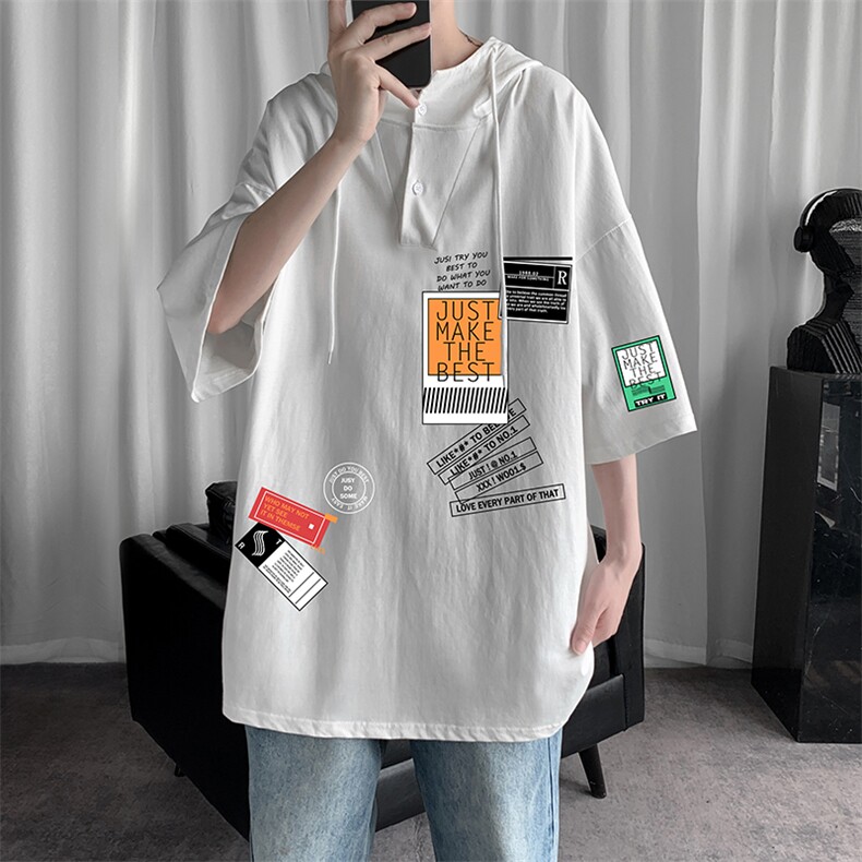 LD54121-P45 连帽短袖t恤男大码胖子带帽五分袖中袖图片