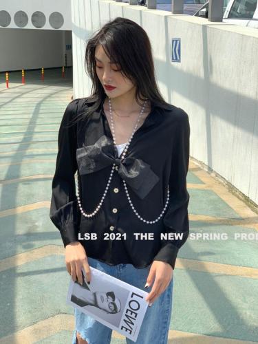 欧洲站欧货2021春夏新款珍珠项链欧根纱蝴蝶结真丝衬衫,女装衬衫,丽身伴