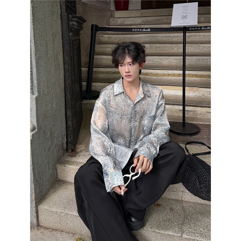C316CS8339P78长袖衬衫个性红色蕾丝透气冰丝衬衣性感松弛感,男装衬衫,电商C316