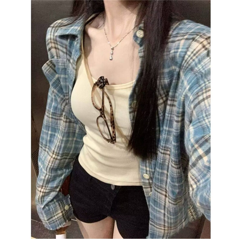 美式复古流苏破坏蓝色格子衬衫春秋潮牌小众毛边设计男女衬衣外套,男装衬衫,星座506A