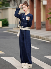 蕾丝拼接牛仔套装女2025春季新款穿搭时尚牛仔外套阔腿长裤两件套，女装套装/套裙，E百度