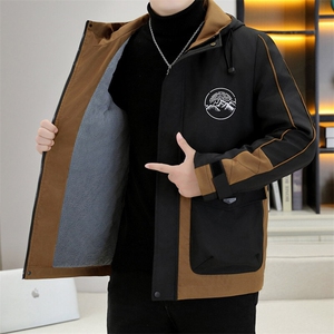男士连帽派克服冬季加绒加厚夹克新款拼接色外套图片