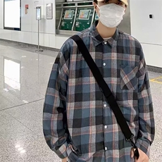 日系宽松男生格子长袖衬衫男春秋ins港风韩版潮流衬衣外套男，男装衬衫，四季星座505