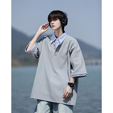 8XL-M假两件衬衫领短袖T恤大码夏季条纹拼接polo衫半袖DX1211/P45，男装T恤，电商B238