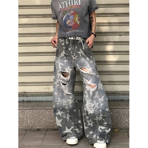 星星印花破洞牛仔裤男女夏季高腰宽松显瘦直筒拖地阔腿裤 NZ7026图片