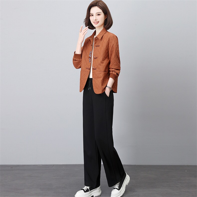 春秋新款时尚两件套装女休闲宽松格子刺绣开衫直筒裤中老年妈妈装，女装套装/套裙，璐依舞