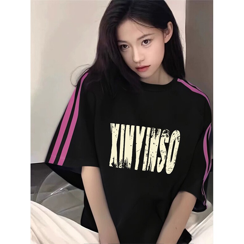 抖音得物品质二开240克宽松纯棉美式潮牌印花三条杠中性风短袖T恤,男装T恤,电商A486-1