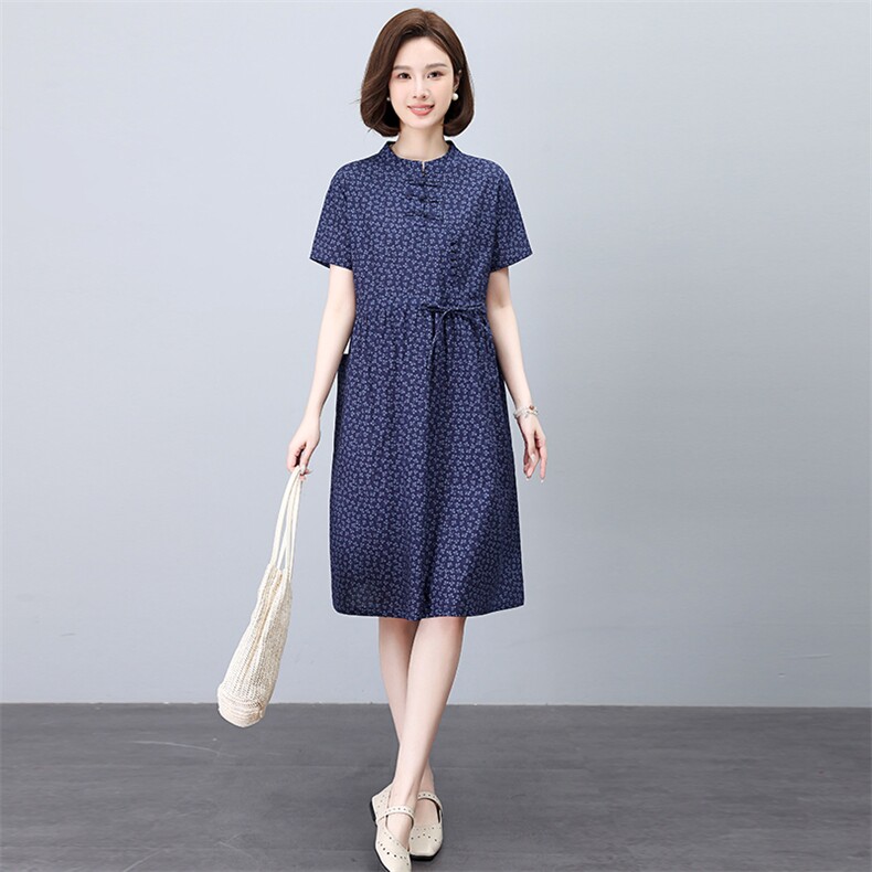 中老年妈妈高端连衣裙女2025夏季新款新中式宽松遮肚纯棉碎花裙子,女装连衣裙,依恋蒂丝