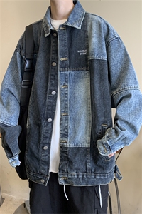 秋冬设计感撞色水洗做旧牛仔外套潮牌美式hiphop宽松休闲翻领夹克图片