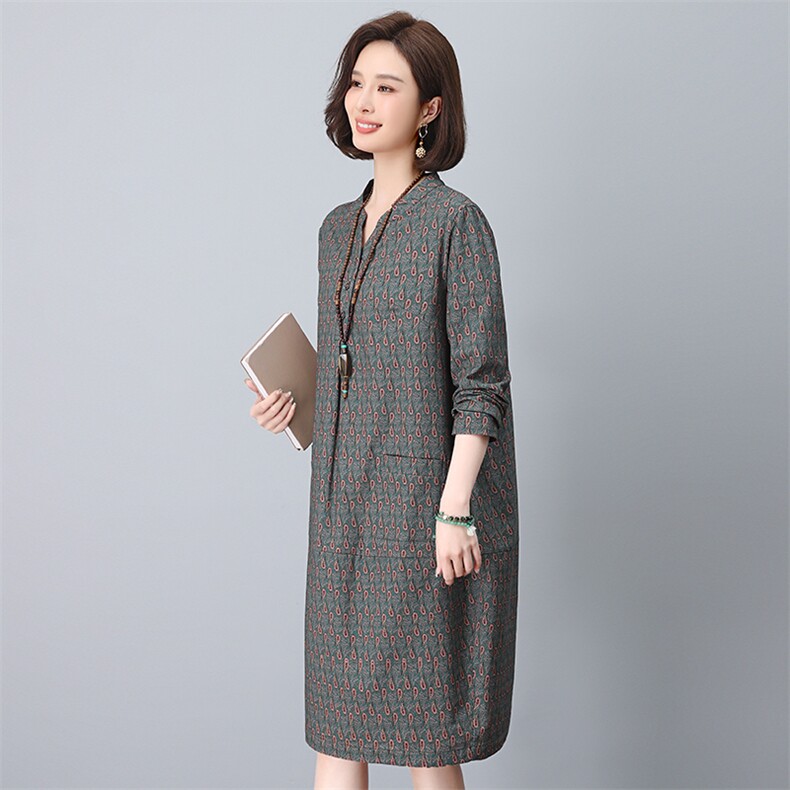 小个子棉麻直筒连衣裙春装大码妈妈中老年裙子宽松遮肚子气质短裙,女装连衣裙,依恋蒂丝