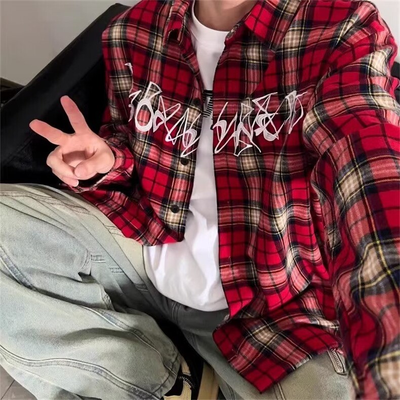 格子长袖衬衫男bf美式复古刺绣休闲衬衣夏季薄款宽松潮牌高街外套,男装衬衫,星座1013
