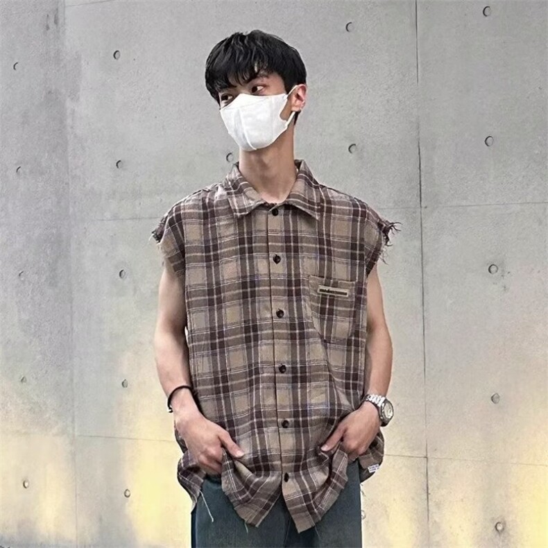 C255-P28美式街头格子翻领马甲背心无袖衬衫男女潮牌嘻哈宽松,男装背心/马甲,电商B323A