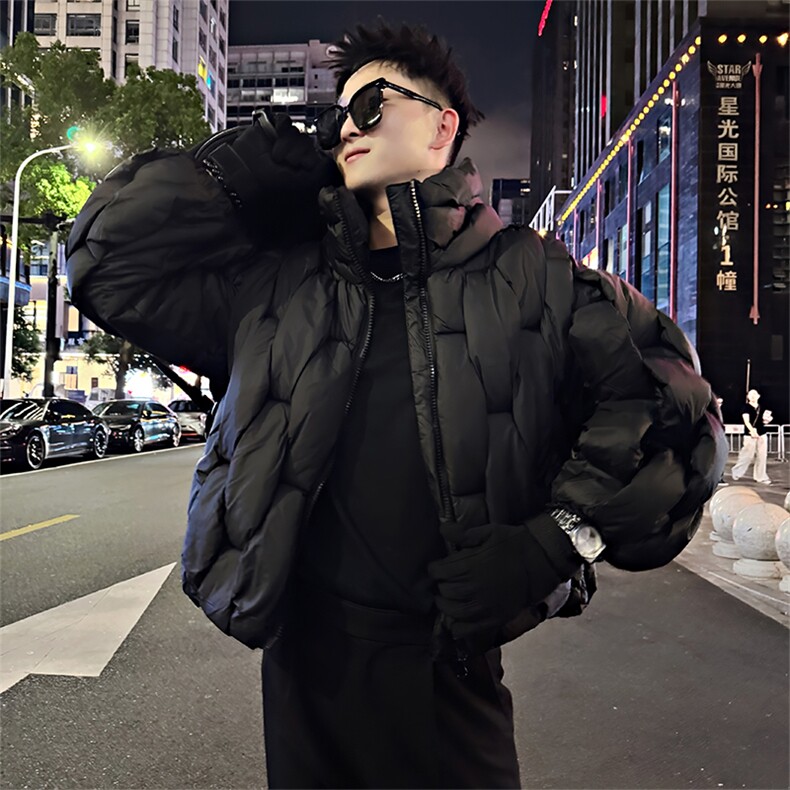 B02/P138控178冬季小众百搭编制设计立领面包服棉服外套男黑首1,男装棉衣,星座305B
