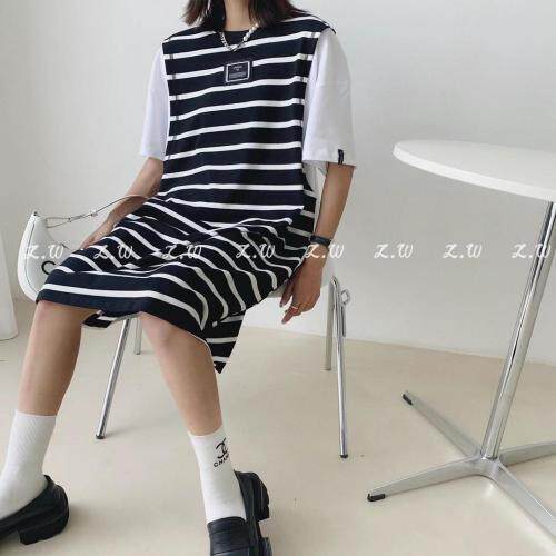 夏季新款拼接连衣裙休闲条纹，女装连衣裙，AT(2F)